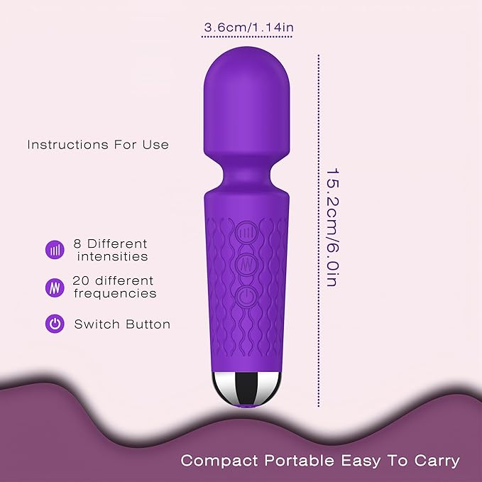 Personal Mini Massager - Handheld Deep Tissue Massager with 20 Speeds & 8 Modes, Quiet Waterproof Vibrating wandfor Neck, Back, Muscle Tension Relief & Sports Recovery, Purple