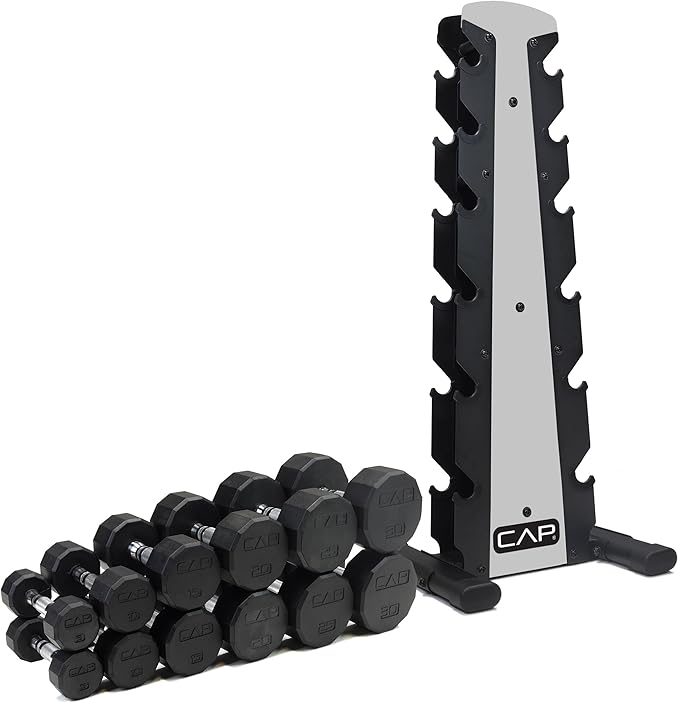 CAP Barbell Rubber Coated Dumbbell Weight Set with Vertical Rack | 100 lb, 150 lb, and 210 lb Options