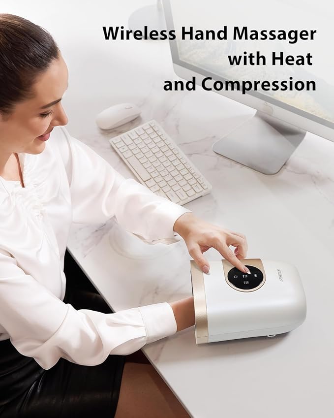 CINCOM Upgraded Hand Massager with Heat and Compression for Arthritis and Carpal Tunnel - Cordless & Rechargeable (Pearl White & Gold)