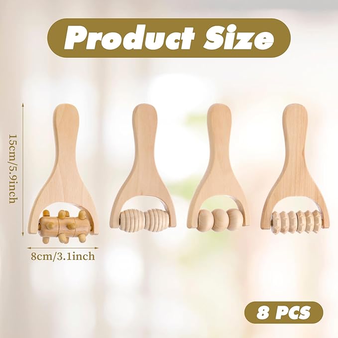 8Pcs Wooden Hand Massage Roller, 4 Types Muscle Roller Stick, Manual Wood Therapy Massage Tools Massager Rollers, for Relaxes Thigh, Leg, Hands Full Body Muscle Men Women