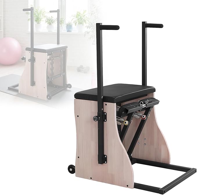 Generic Oak Wood Pilates Chair Pilates Combo Chair with Resistance Bands and Adjustable Springs Handles for Home Use Gym Workout Rehabilitation