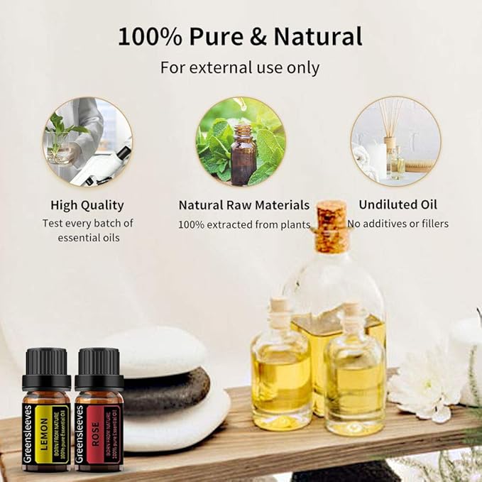 GREENSLEEVES Rose Lemon Essential Oil Set, 2 x 10ml Pure Plant-Based Fragrance Oil for Aromatherapy, Essential Oils for Diffuser, Massage, Bath Bomb, Scented Candle Soap Making