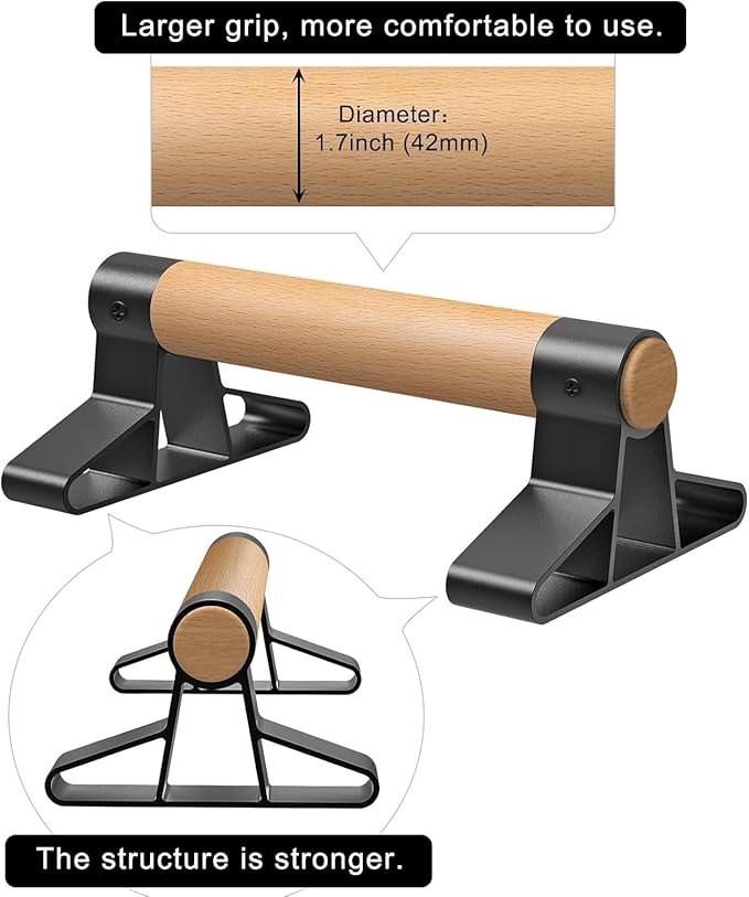 SELEWARE Wood push up bars Parallettes bars Anti-slip Handstand Bars for Calisthenics, Fitness, Floor workouts Solid Wood with Sturdy Metal Bracket, Support 600 lbs
