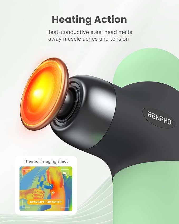 RENPHO Mini Thermal Massage Gun with Heat, Portable Deep Tissue Percussion Massager with 4 Heads for Neck & Back Comfort, Ultra-Quiet Operation for Home, Office & Travel, Includes Compact Carry Case