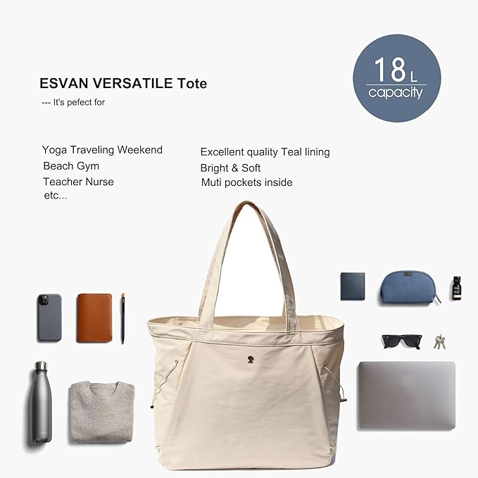 ESVAN Yoga Tote Bag for Women Shoulder Bags Drawstring for Office Workout Travel Carryall Pilates Gym and Beach