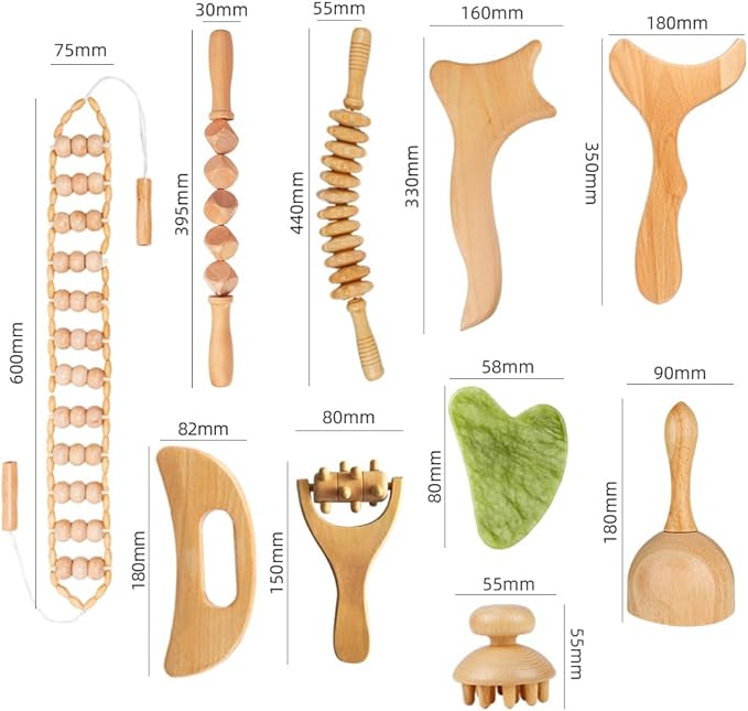 10-in-1 Wood Therapy Massage Tools – Lymphatic Drainage Tools with Gua Sha Stone for Muscle Pain Relief – Maderoterapia Kit Professional for Body Sculpting
