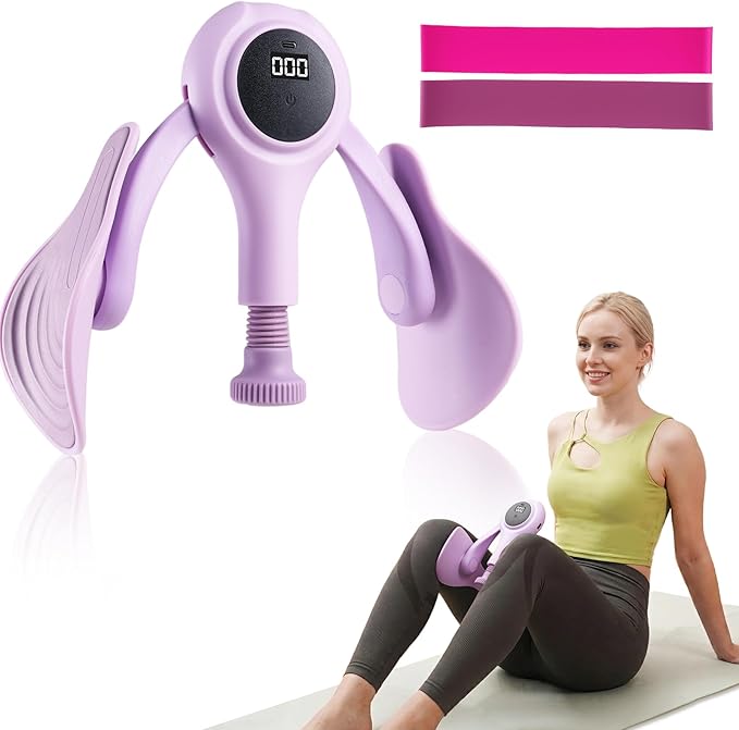 CYFIE Thigh Trainer with LED Counter, Inner Thigh Exerciser & Pelvic Floor Trainer with 2 Resistance Bands, Adjustable Kegel Exerciser for Women, Hip & Glute Workout Equipment for Home Gym