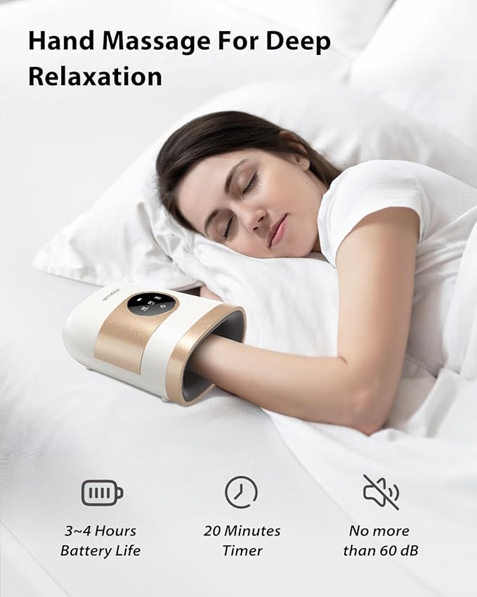 CINCOM Upgraded Hand Massager with Heat and Compression for Arthritis and Carpal Tunnel - Cordless & Rechargeable (Pearl White & Gold)