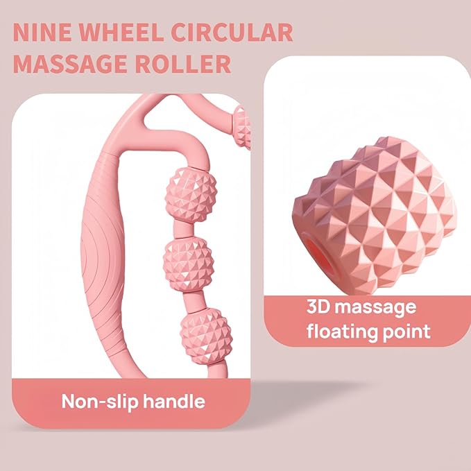 Full Body Massage Tool with 9 Rollers, Pink Manual Massager for Neck, Shoulder, Back, Arms, Legs, 25cm Length, Double Massage Area Design