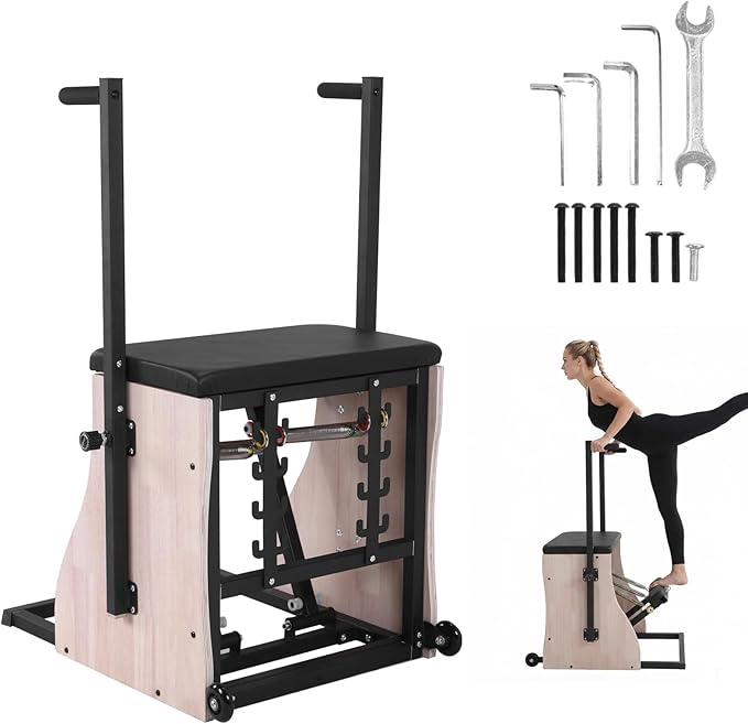 Generic Oak Wood Pilates Chair with 4 Level Handles Split Pedals Adjustable Resistance Pilates Stabilizer Chair for Home Workouts and Studio Use