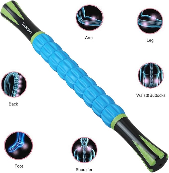 YANSYI 9-Roller Deep Tissue Massage Stick - Professional Muscle Recovery for Leg & Back Pain Relief, Portable Physical Therapy Tool for Athletes, (Blue 2)