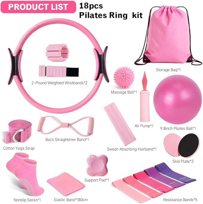 Pilates Equipment Set for Home Workouts –15in1 Home Pilates Kit with Ring and Ball Set, Resistance Bands, Pilates Yoga Accessories, Core Sliders & Ankle Weights, Pilates Essentials Kit