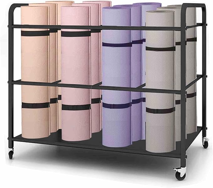 Yoga Mat Storage Rack Basket Workout Equipment Home Gym Storage Rack with Wheels Yoga Mat Holder Exercise & Fitness Organizer for Dumbbell Kettlebells Resistance Bands Yoga Blocks Foam Roller