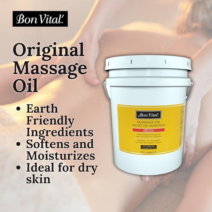Bon Vital' Original Massage Oil, 5 Gallon Unscented Professional Massage Oil with Natural Oils & Vitamins, Water-Dispersible, No Nut Oils, Smooth Glide for All Massage Modalities