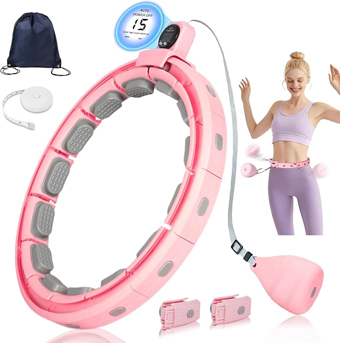 Smart Silent Weighted Fitness Hoop with Counter, Adjustable 30"-50" Infinite Exercise Hoop - A Spinning Hoop for Waist & Adult Weight Loss, Includes Tape Measure & Backpack for Women & Beginners