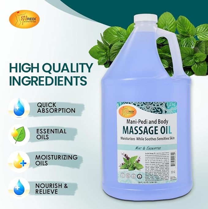 SPA REDI - Massage Oil, Mint Eucalyptus, 128 Oz - Professional Pedicure, Manicure, Body Massage Therapy, Made with Almond Oil, Cotton Seed Oil, Sunflower Oil, Avocado Oil, Essential Oils, Vitamin E