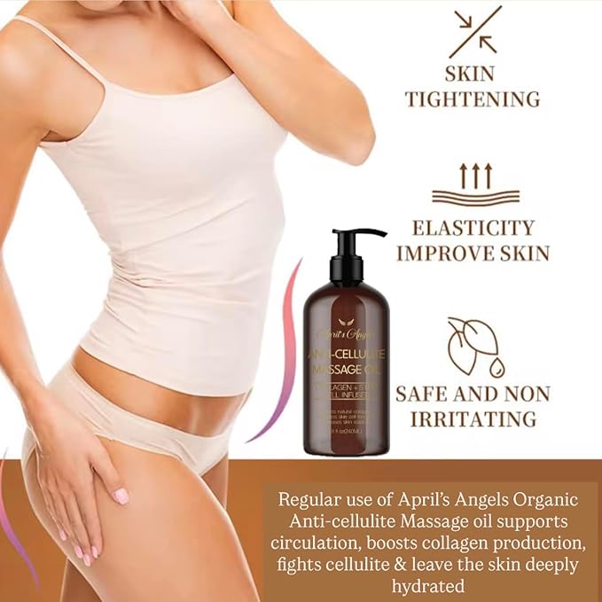 April's Angels Anti-Cellulite Massage Oil with Collagen & Stem Cell Infused. Skin Elasticity, Firmness, Deep Hydration. 8 fl oz