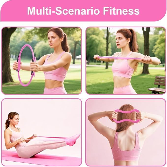Pilates Essentials Kit for Women, Home Pilates Kit with 12.9" Ring and 9.8" Mini Ball, 4 Fabric Loop Bands, Figure-8 Band, Stretch Strap, Jump Rope, Carry Bag