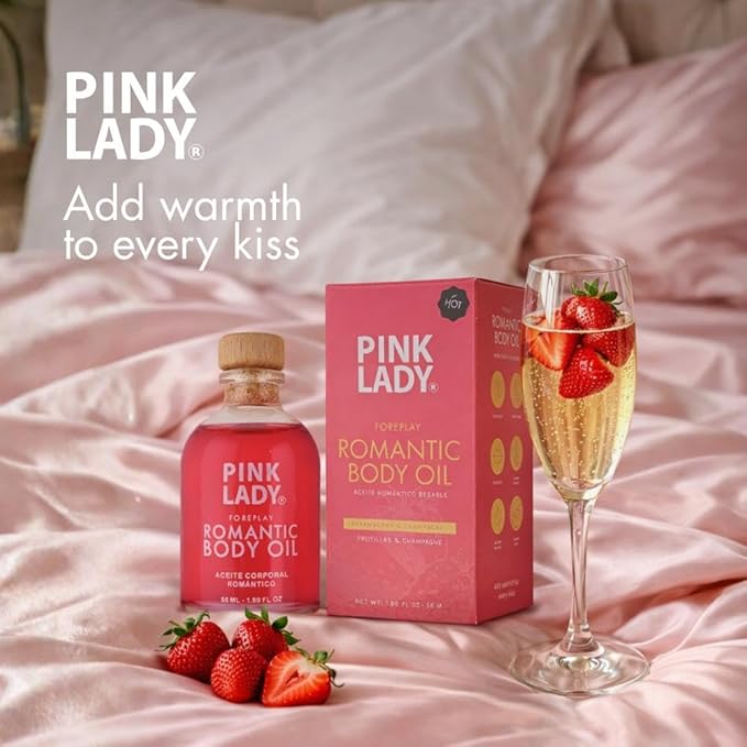 PINK LADY Romantic Body Oil Strawberry and Champagne - 1.90 fl oz / 56 ml - Kissable Warming Body Treat for Foreplay Fun, Water Based