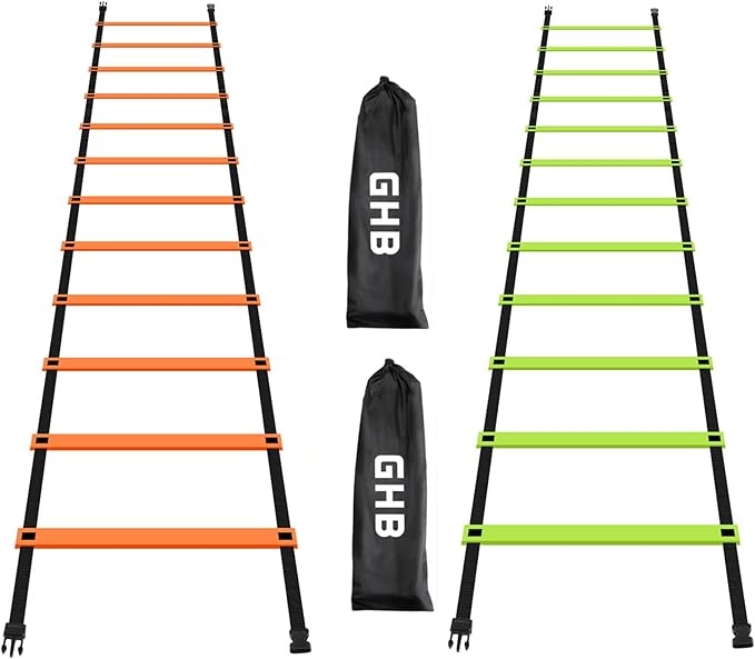 GHB Pro Agility Ladder 2 Pack Agility Training Ladder Speed 12 Rung 20ft with Carrying Bag (Orange and Green)