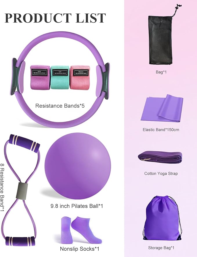 Home Workout Pilates Kit for Women, Better me Pilates Ring and Ball Set Essentials Equipment, with 5 Resistance Bands, Massager Roller, Yoga Starter Accessories for Toning Arms, Thighs & Core