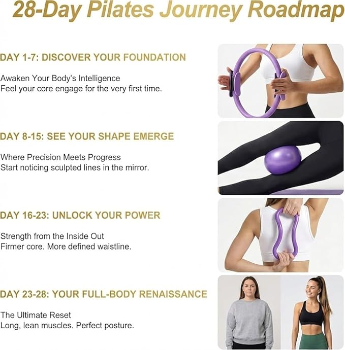 Pilates Kit for Women,15 Inch Magic Circle, 6 Multi-Level Resistance Bands,Yoga Ball Socks, Back Neck Stretcher ,14-Piece Full Body Toning Pilates Equipment for Beginners, 15 Min Daily Routine