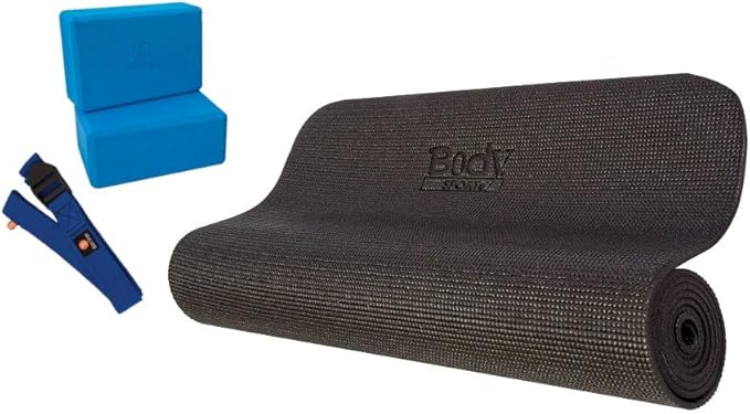 Body Sport 4-Piece Yoga Kit, (1) 72 in. x 1/4 in. Fitness Mat, (2) Blue Blocks, (1) 6 ft. Exercise Strap - Beginner Set for Home Fitness & Gym Workouts