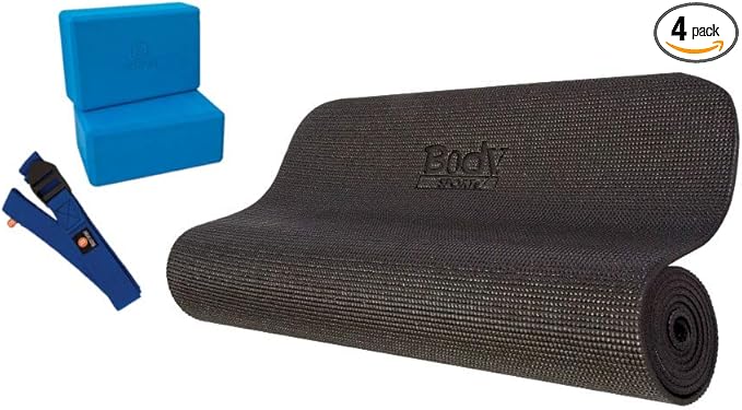 Body Sport 4-Piece Yoga Kit, (1) 72 in. x 1/4 in. Fitness Mat, (2) Blue Blocks, (1) 6 ft. Exercise Strap - Beginner Set for Home Fitness & Gym Workouts
