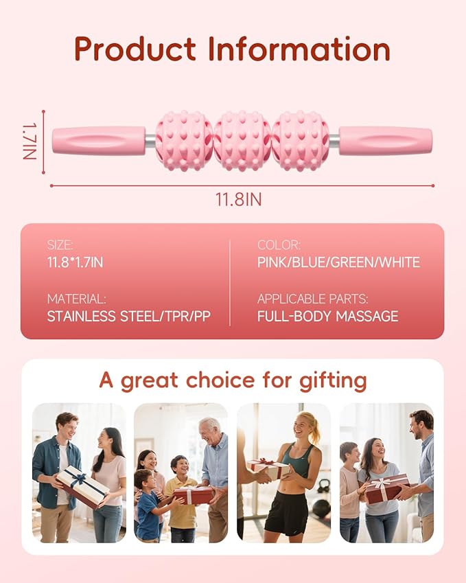 Muscle Roller Stick for Legs,11.6IN Physical Massager 3-Balls Massage Roller Stick Trigger Point Massage Fascia Roller for Leg Calf Abdominal Neck Arms Relieve Muscle Soreness-White