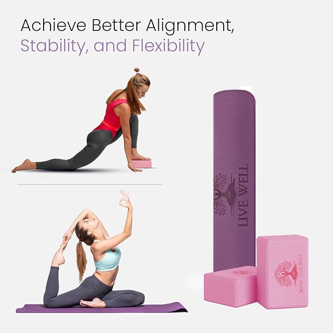 LIVE WELL Yoga Set for Women: 6mm Thick TPE Yoga Mat + 2 EVA Blocks, Pink - Best Yoga Mat, Exercise Mat for Home Gym