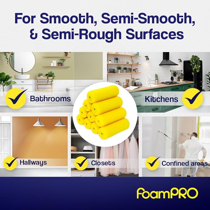FoamPRO 65-10 Mini Trimmer Refill - 4-Inch Paint Rollers for Precision Painting- with 3/8 in Nap - Pack of 10, Yellow