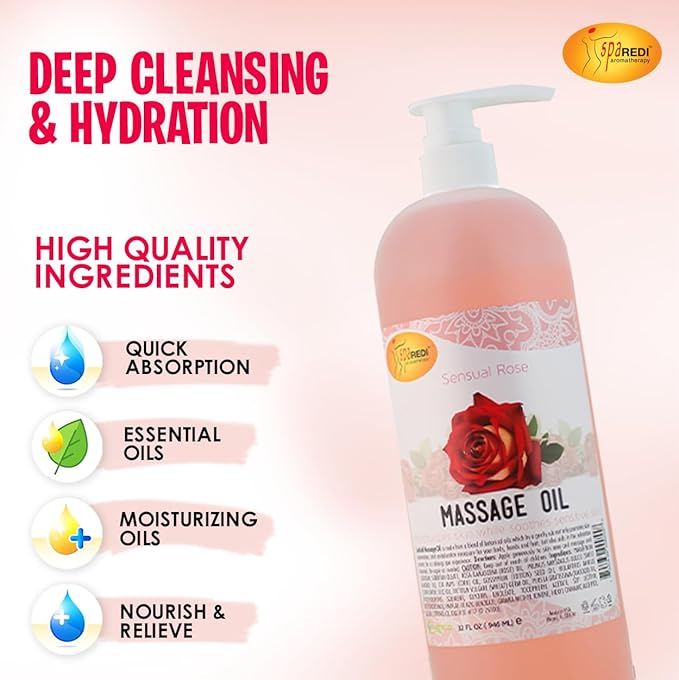 SPA REDI - Massage Oil Sensual Rose Professional Pedicure, Body and Hot Oil Manicure, Infused with Natural Oils, Vitamins, Panthenol and Amino Acids - 32oz