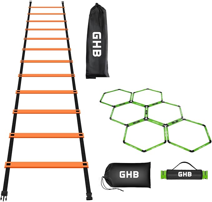 GHB Agility Ladder 1 Pack and Hex Agility Rings 1 Pack 12 Rung 20ft with 3 Carrying Bag