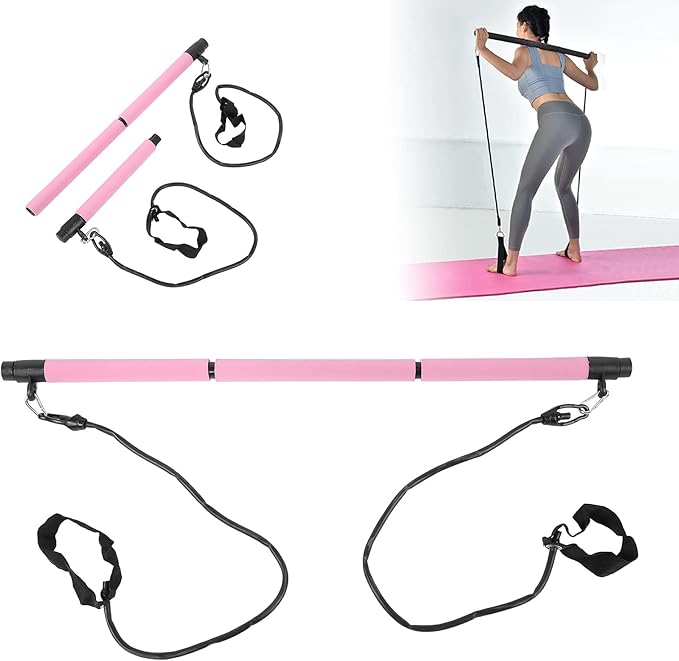 3 Sections Pilates Bar, Pilates Exercise Stick with 2 Tension Straps, Detachable Yoga Pull Rods for Full Body Workout, Home Gym Fitness Equipment for Men and Women