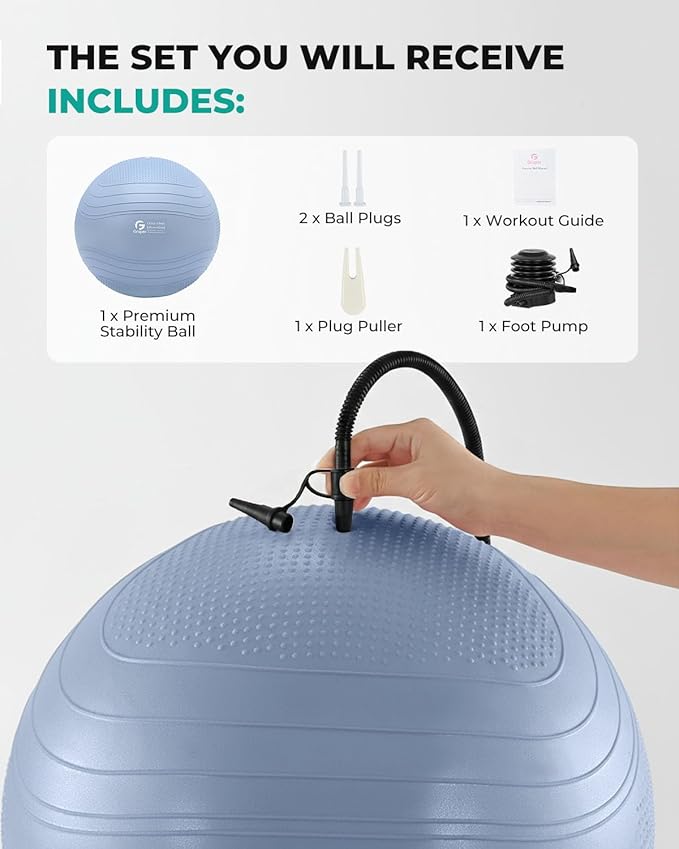 Gruper Yoga Ball, Extra Thick Exercise Ball for Workout Pregnancy Stability - 4 Sizes Anti Burst Balance Ball for Yoga, Pilates, Fitness, Birthing, Physical Therapy - Includes Pump