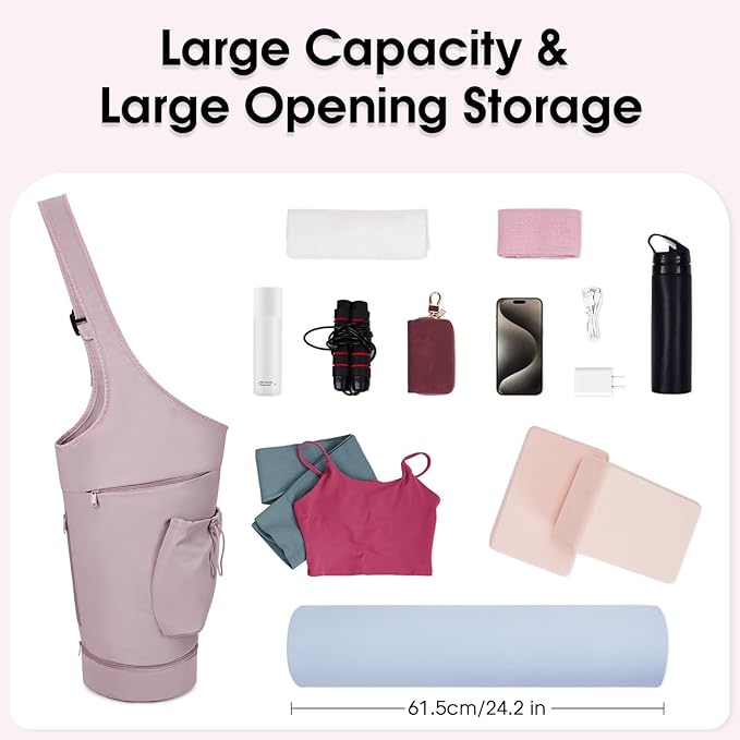 sportsnew Yoga Mat Bag, Large Opening Long Tote Yoga Mat Carrier Holder Bag with Waterproof Wet Pocket and Drawstring Water Bottle Pocket, Adjustable Shoulder Strap Storage Bag, patent pending