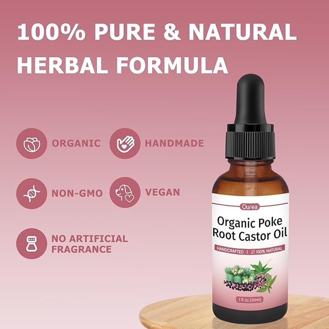 Poke Root Castor Oil Organic – 1 fl oz (30ml) Natural Lymphatic Support Massage Oil, Soothing Relief for Cysts, Boils, Breast, Fibroids, Swollen Lymph Nodes & Joint – Deep Tissue Drops