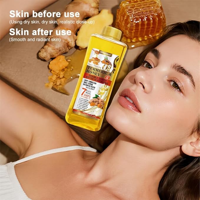 Turmeric & Honey Body Oil, Deep Moisturizing Treatment with Sweet Almond Oil, Vitamin E, and Collagen (8.45 fl oz)