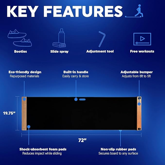 Adjustable Slide Board (5ft or 6ft) – Low-Impact Lateral Training Board for Speed, Strength & Cardio | Home Gym, Hockey, Golf, Ski & Athletic Conditioning