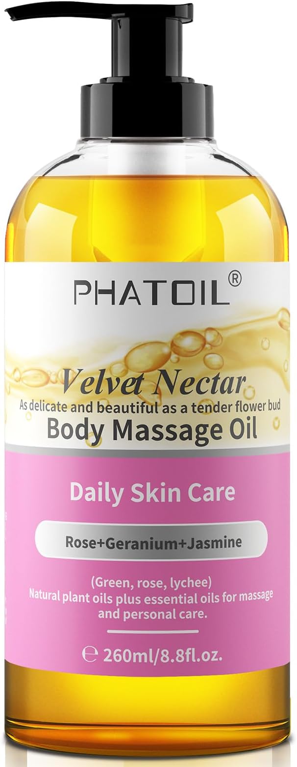 PHATOIL Rose Body Oil, Velvet Nectar Body Massage Oil 260 ml (8.8 fl.oz), Blends of Natural Plant Oils & Essential Oils for Massage and Skin Care, Body Oils for Women and Men