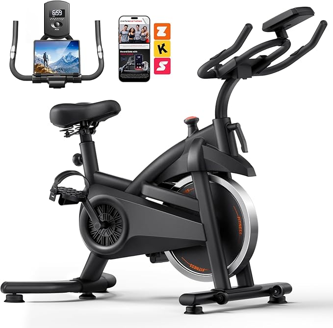 UMAY Exercise Bike,Brake Pad Stationary Bike for Home with Exclusive App, Silent Belt Drive Stationary Workout Bike for Home with Comfort Seat, Low Noise Indoor Cycling Bike with Heart Rate / Tablet & Bottle Holder, 300 LBS Capacity