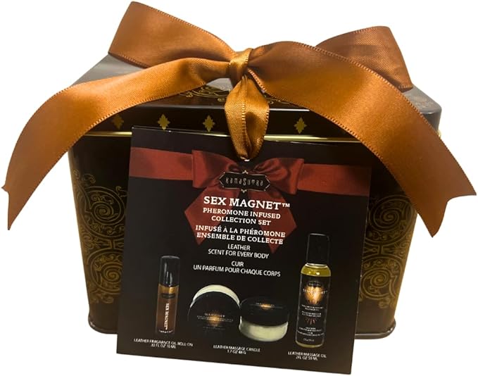3 Piece Set Pheromone Infused Collection Set, Pheromone Infused Massage Oil - Unisex Leatherkam Scent - Massage Oil Candle, Roller Ball, Complete Pheromone Collection Set in Gift Tin (Leather)