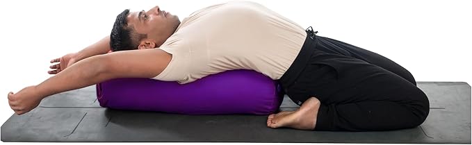 Yogikuti Iyengar Yoga Bolster for Restorative Yoga and Meditation – Lightweight Cotton Support Pillow with Handle for Easy Carry, Versatile for Pose Modification, Balance, Back Relief, and Relaxation (Purple, L 61cm x dia. 23cm)