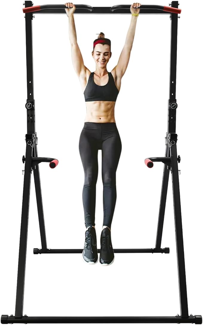 Power Tower Pull Up Bar Station Multi-Function Adjustable Height Foldable Dip Station for Home Gym Workout Heavy Duty Strength Training Fitness Equipment Stable Triangular Structure 440 LBS