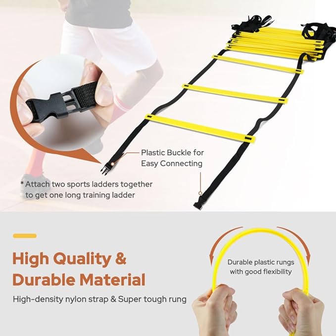 GHB Agility Ladder 1 Pack and Hex Agility Rings 1 Pack 12 Rung 20ft with 3 Carrying Bag