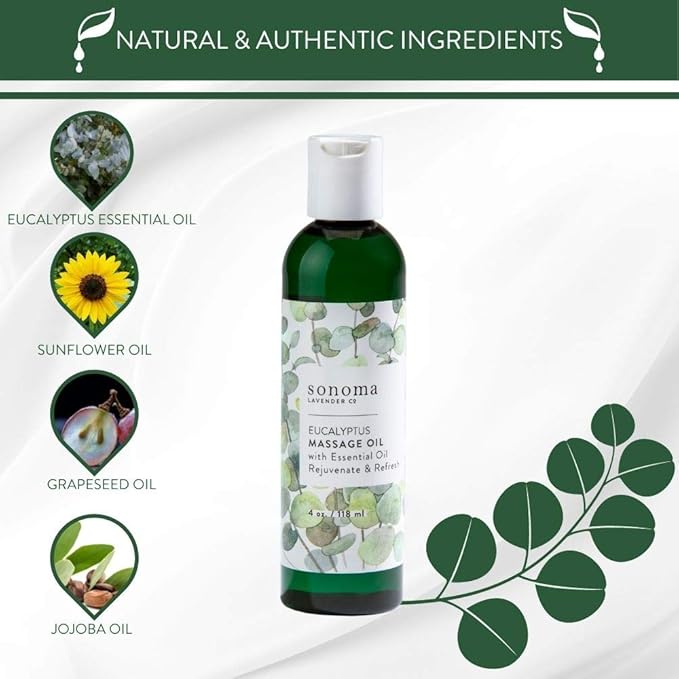 Eucalyptus Massage Oil by Sonoma Lavender, Body Oil for Sore Muscles, Massaging Oil for Full Body, 4 oz