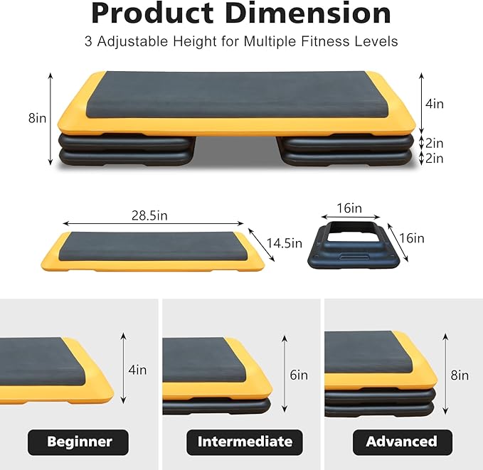 43'' Exercise Aerobic Step Platform, Adjustable Height 4-6-8in Exercise Stepper Workout with 4 Detachable Risers, Aerobics Stepper Workout Stepper for Home Gym Cardio Strength & Training