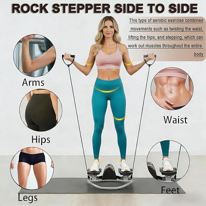 Rock Stepper Side to Side Exercise Machine - Lateral Twist Rocking Stepper, Mini Portable Stair Stepper for Fitness at Home, Cardio Workout Equipment, Compact Indoor Trainer with Resistance Bands