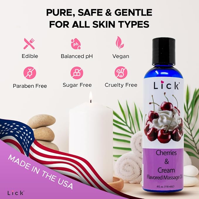 Lick Cherries and Cream Indulgence Flavored Massage Oil – Romantic, Sweet, Non-Sticky, Couples, 4 oz