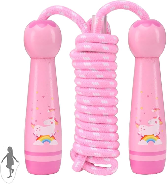 Jump Rope for Kids, Adjustable Toddler Jump Rope with Wooden Handle and Cotton Rope, Cute Skipping Rope for Boys and Girls Fitness Workout Exercise 8.5 Ft(Pink)